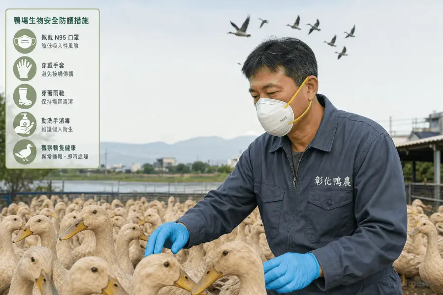彰化鴨農穿戴 N95 口罩與手套在鴨場巡視，背景可見候鳥的職業防護示意圖