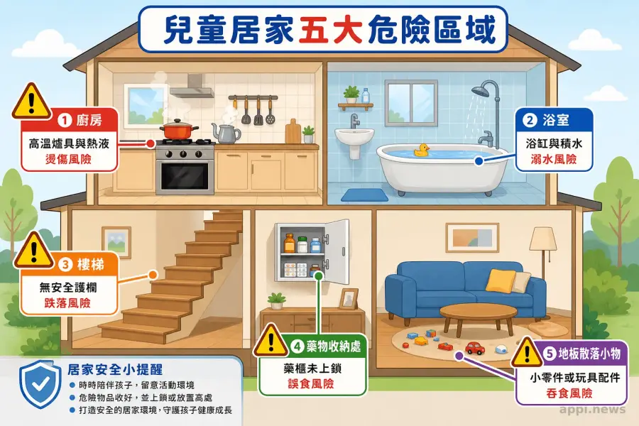 兒童居家五大危險區域示意圖，包含廚房、浴室、樓梯、藥物收納處與地板散落小物