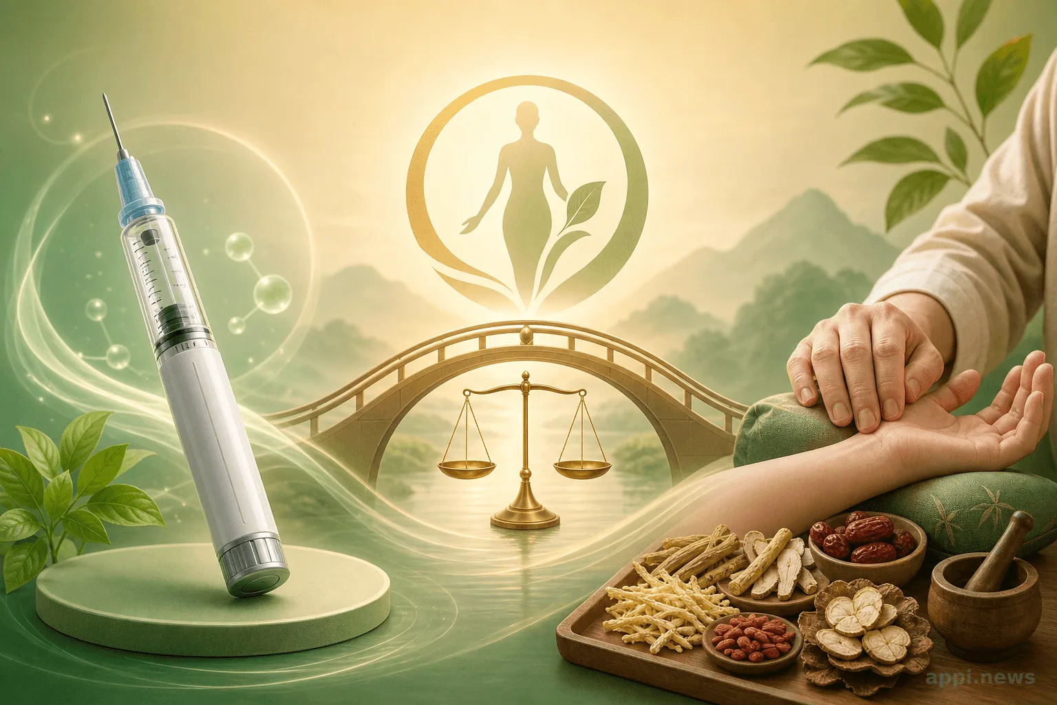 瘦瘦針（GLP-1）與中醫整合減重概念示意圖