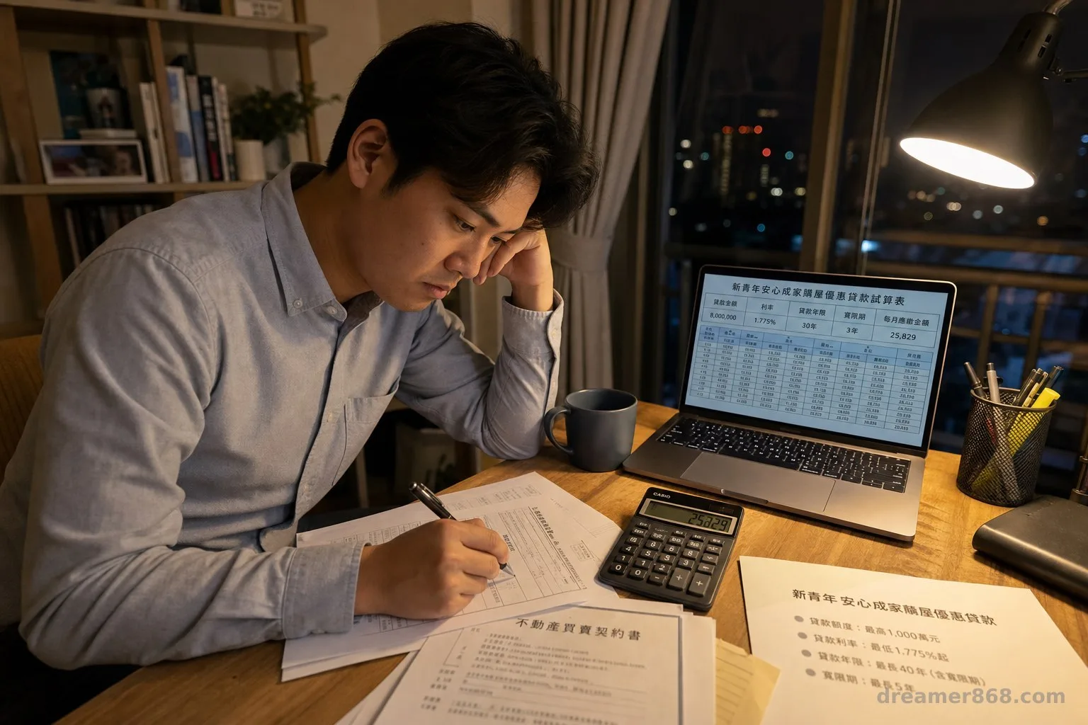 年輕上班族深夜在家中計算新青安房貸月付金額的情境畫面