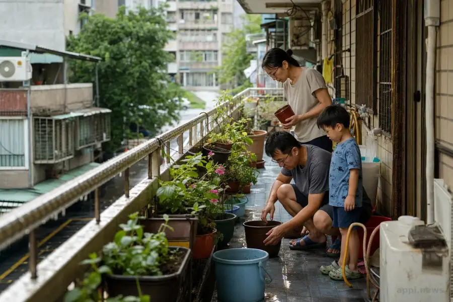 雨後社區居民在陽台巡查花盆與容器中的積水