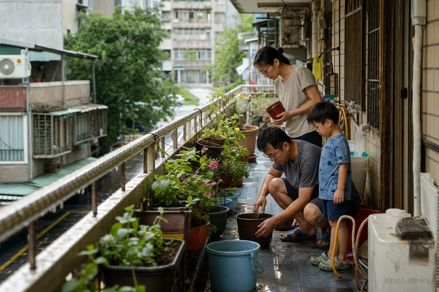 雨後社區居民在陽台巡查花盆與容器中的積水