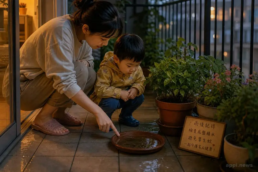 雨後家長與孩子在陽台一起檢查花盆底盤積水的情境