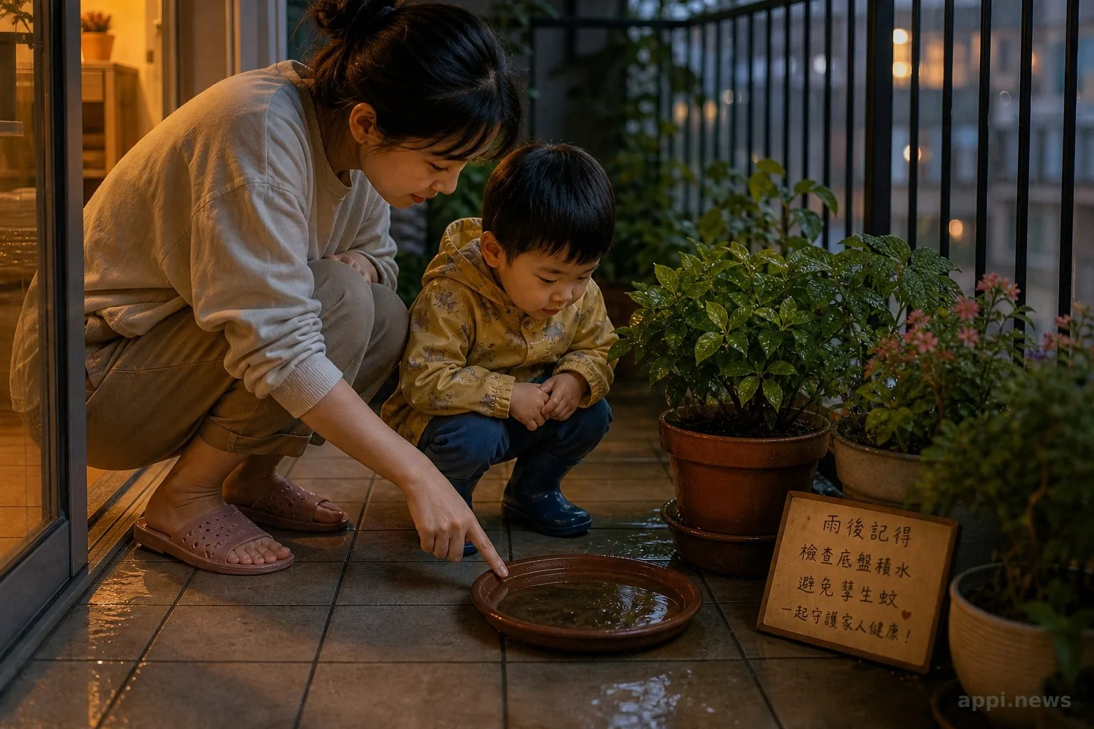 雨後家長與孩子在陽台一起檢查花盆底盤積水的情境