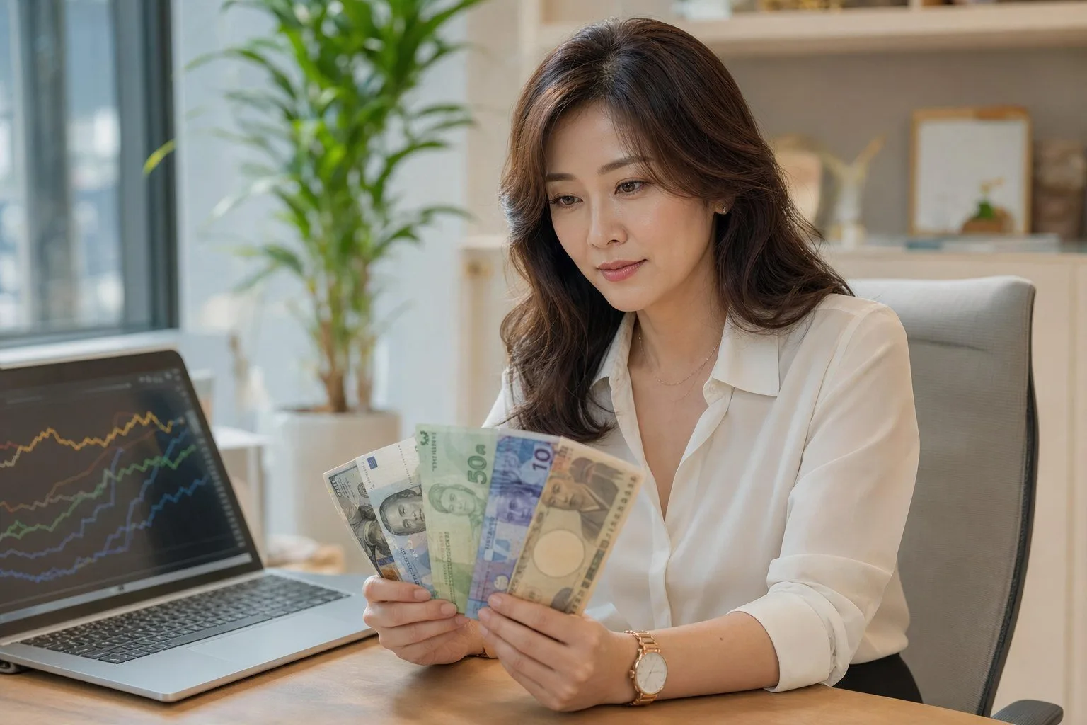 財務規劃桌面情境，多國貨幣與利率圖表並陳，象徵全球資產配置決策