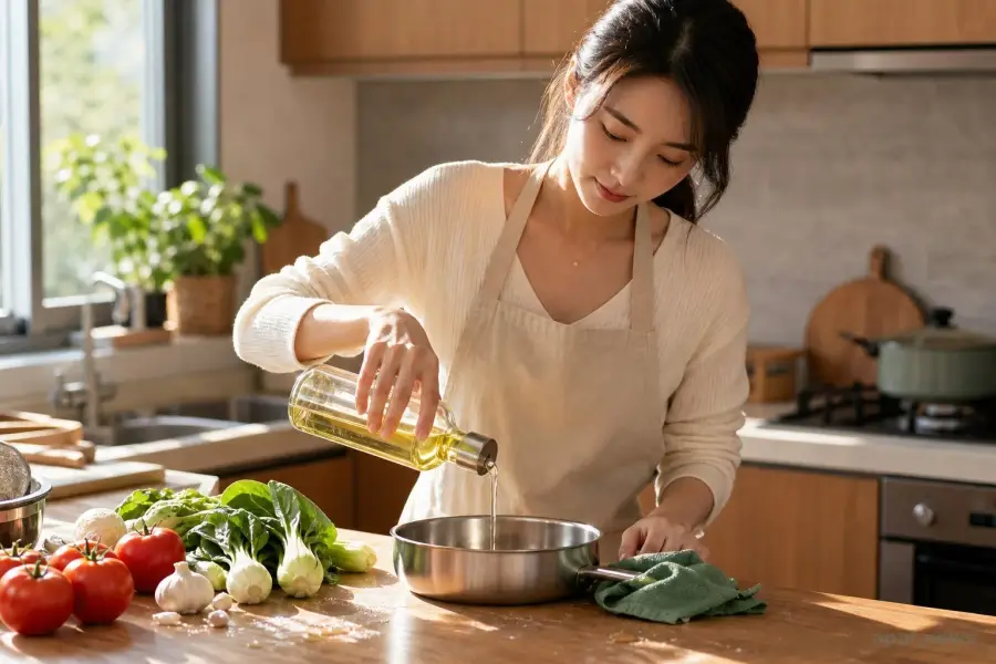 廚房料理台上放著食用油瓶與新鮮食材，呈現日常用油情境