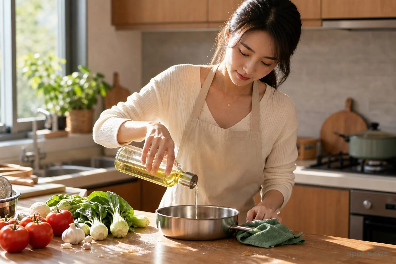 廚房料理台上放著食用油瓶與新鮮食材，呈現日常用油情境