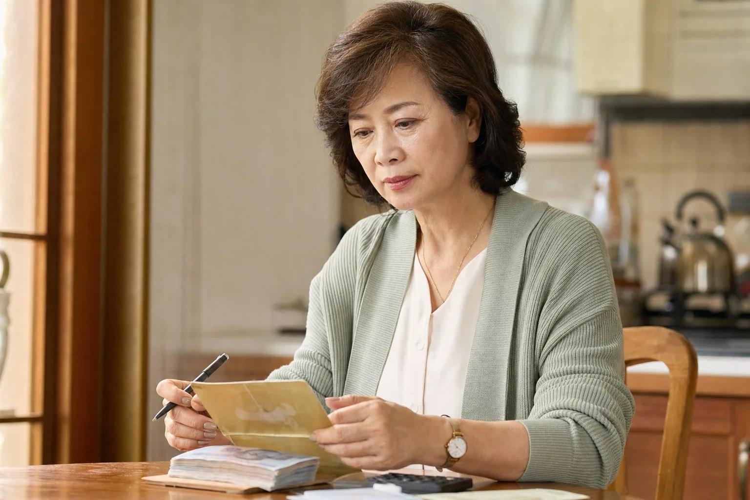 一位台灣年長女性獨自坐在餐桌前，低頭查看存摺與帳單，神情凝重