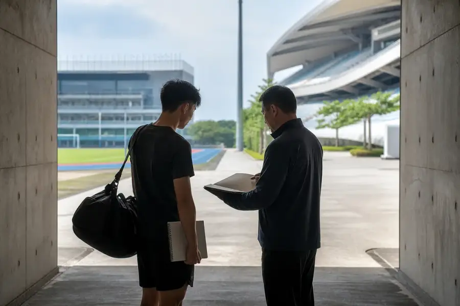 年輕棒球選手與球團人員在球場入口討論合約與發展安排