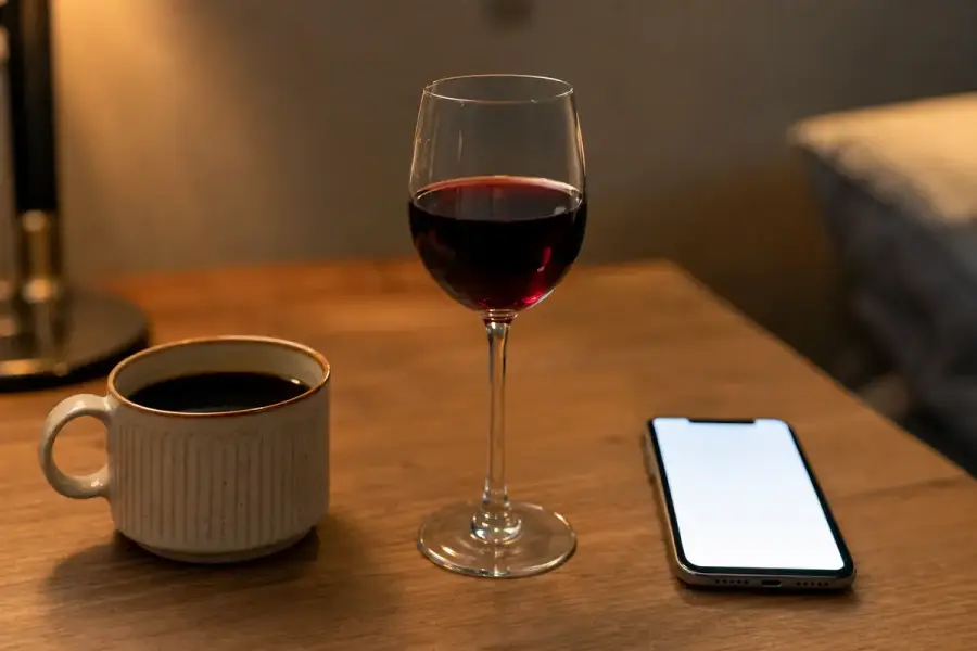傍晚桌上的咖啡、紅酒與手機，象徵影響睡眠的三個習慣