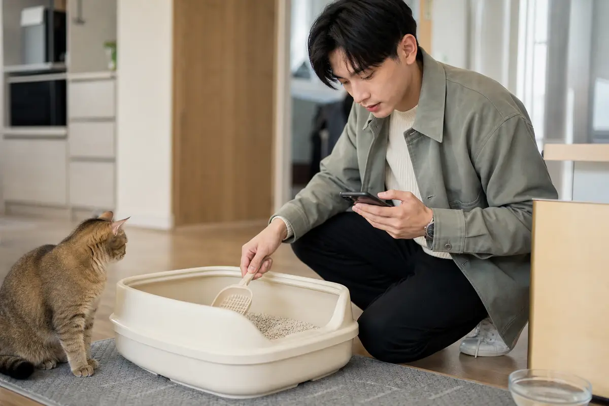 飼主在貓砂盆旁觀察貓咪排尿狀況並準備聯絡動物醫院