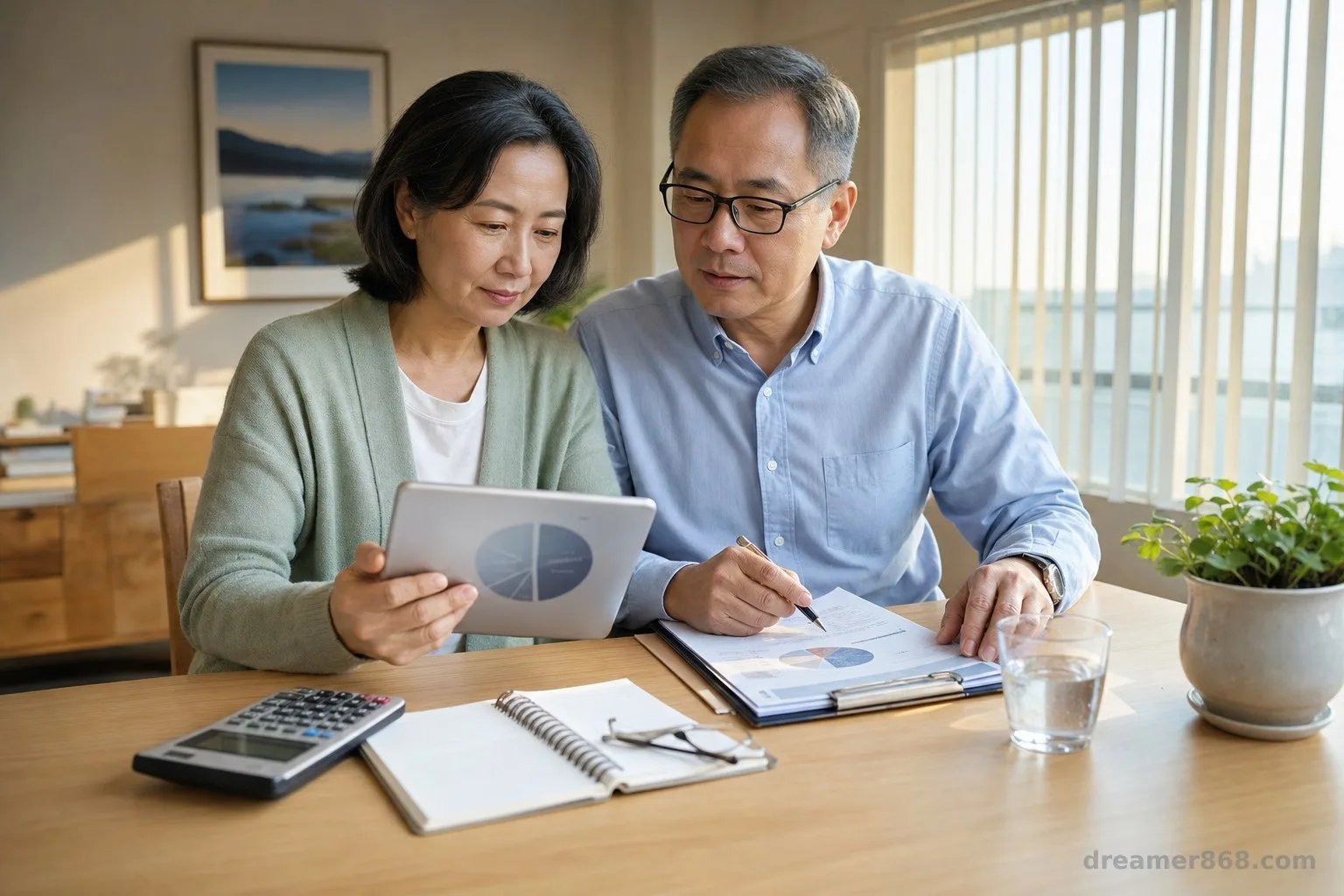 台灣中年夫妻在家中餐桌前檢視平板上的資產配置與退休規劃文件