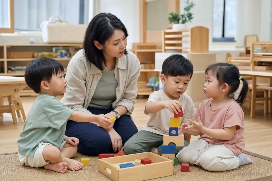 台灣社區托育人員在明亮教室中觀察三名幼兒說話、堆積木及與同伴互動。