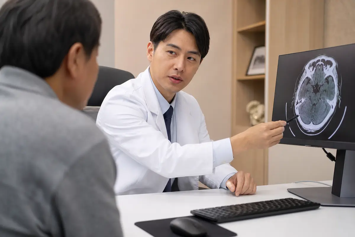 醫師在診間向家屬解說長輩腦部電腦斷層影像示意
