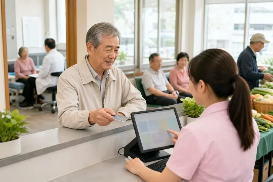 長者在社區服務櫃檯使用敬老福利卡辦理便民服務