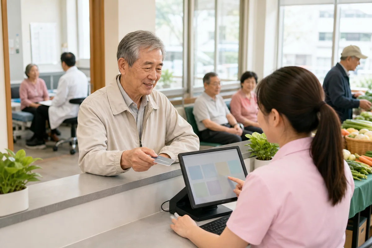 長者在社區服務櫃檯使用敬老福利卡辦理便民服務