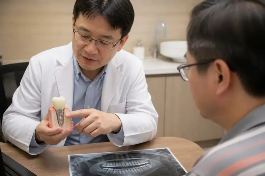 牙醫師在診間拿著植牙結構模型，向坐在對面的病人解說，桌上放著口內 X 光片