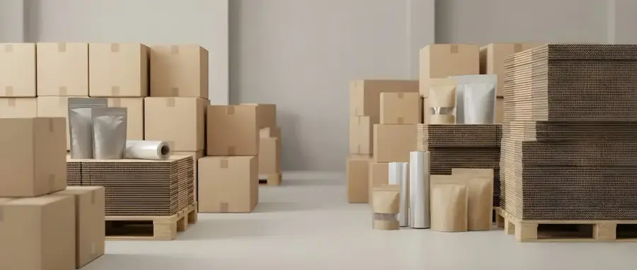 紙箱堆疊在物流倉儲場景，示意圖