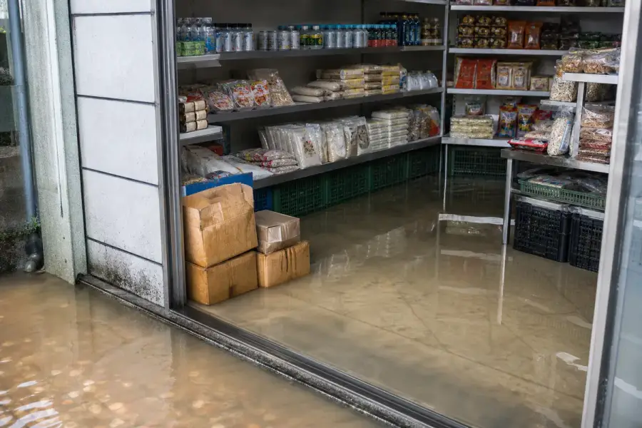 暴雨後積水的城市街道，象徵淹水對店家與食品保存的影響