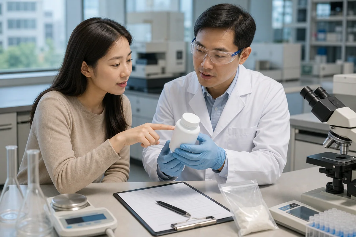 消費者與檢驗人員在實驗室核對保健食品與檢驗資料