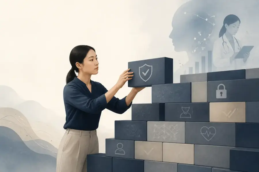 一道由許多細節磚塊堆疊而成的信任高牆，象徵健康資料平台的信任由無數細節做成