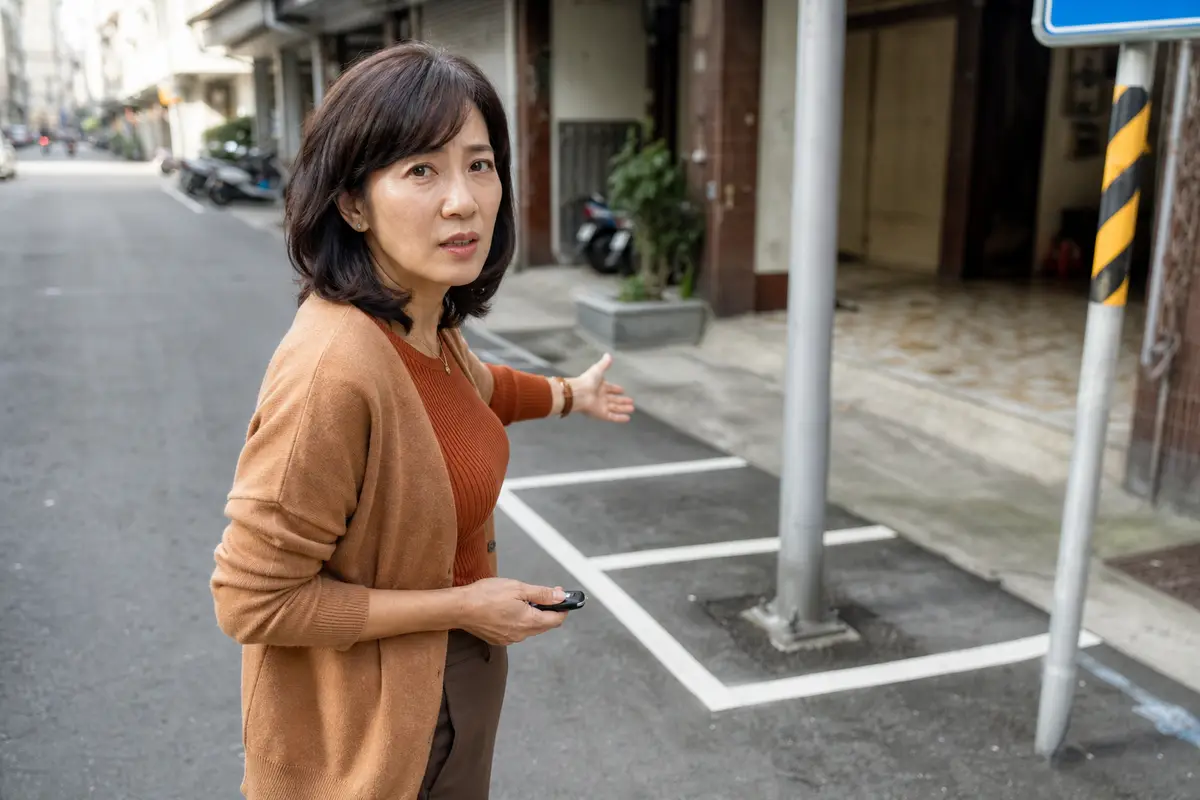 台灣路邊停車格與路燈、交通標誌的示意畫面