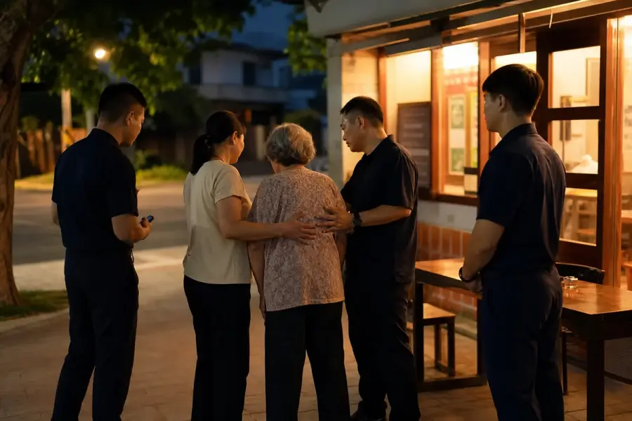 社區服務人員在夜間協助走失長者與家人團聚