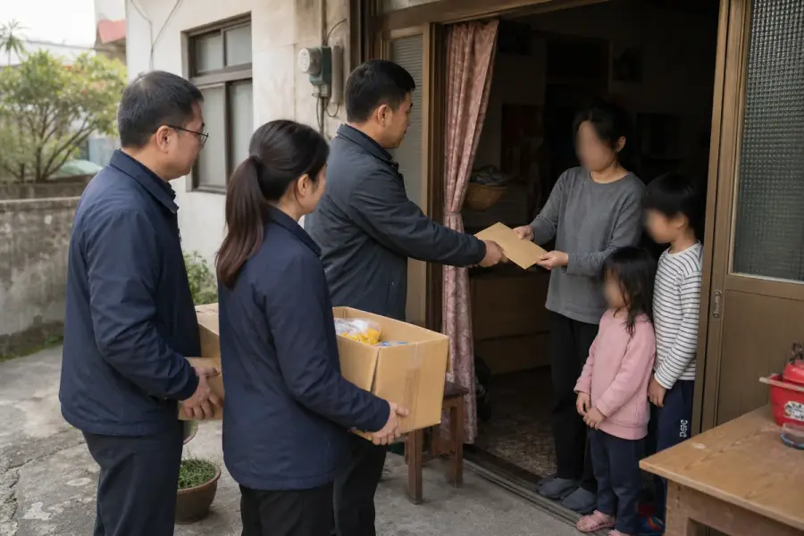 社區服務人員送物資與救助信封到需要協助的家庭
