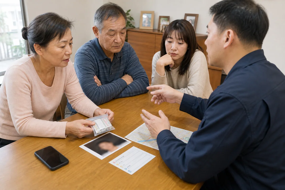 家屬以照片、藥袋、電話與地圖準備走失協尋資料