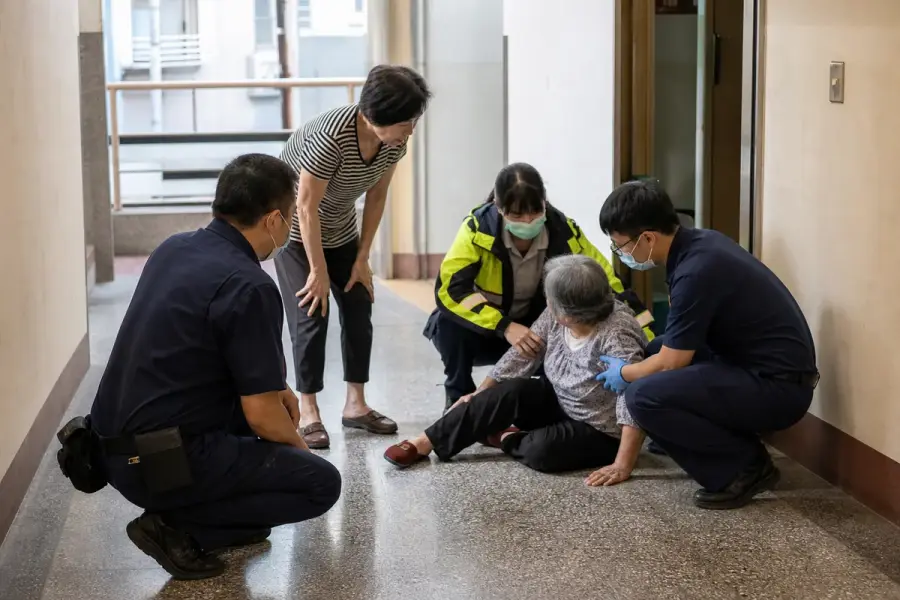 救護與服務人員在住宅走廊協助跌倒長者安全坐起