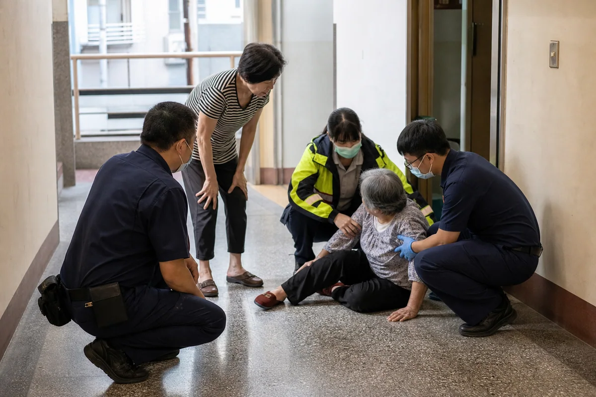 救護與服務人員在住宅走廊協助跌倒長者安全坐起