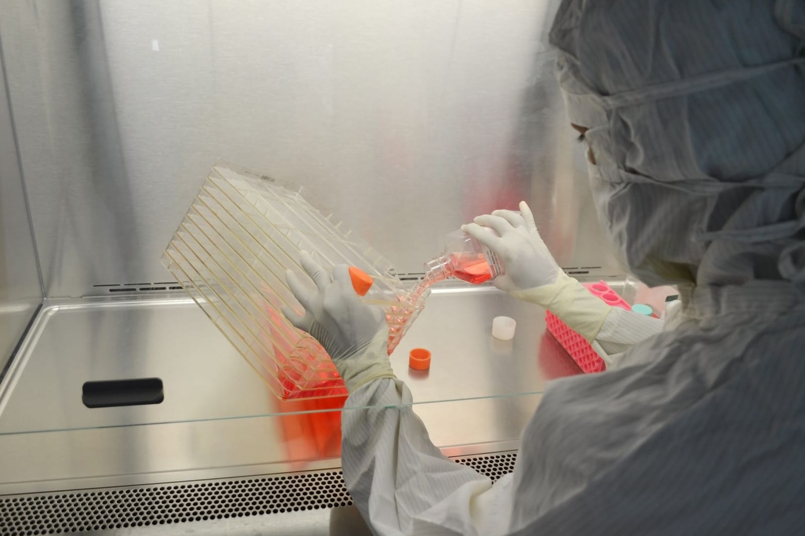 全副防護裝備的科學家在實驗室進行細胞培養研究