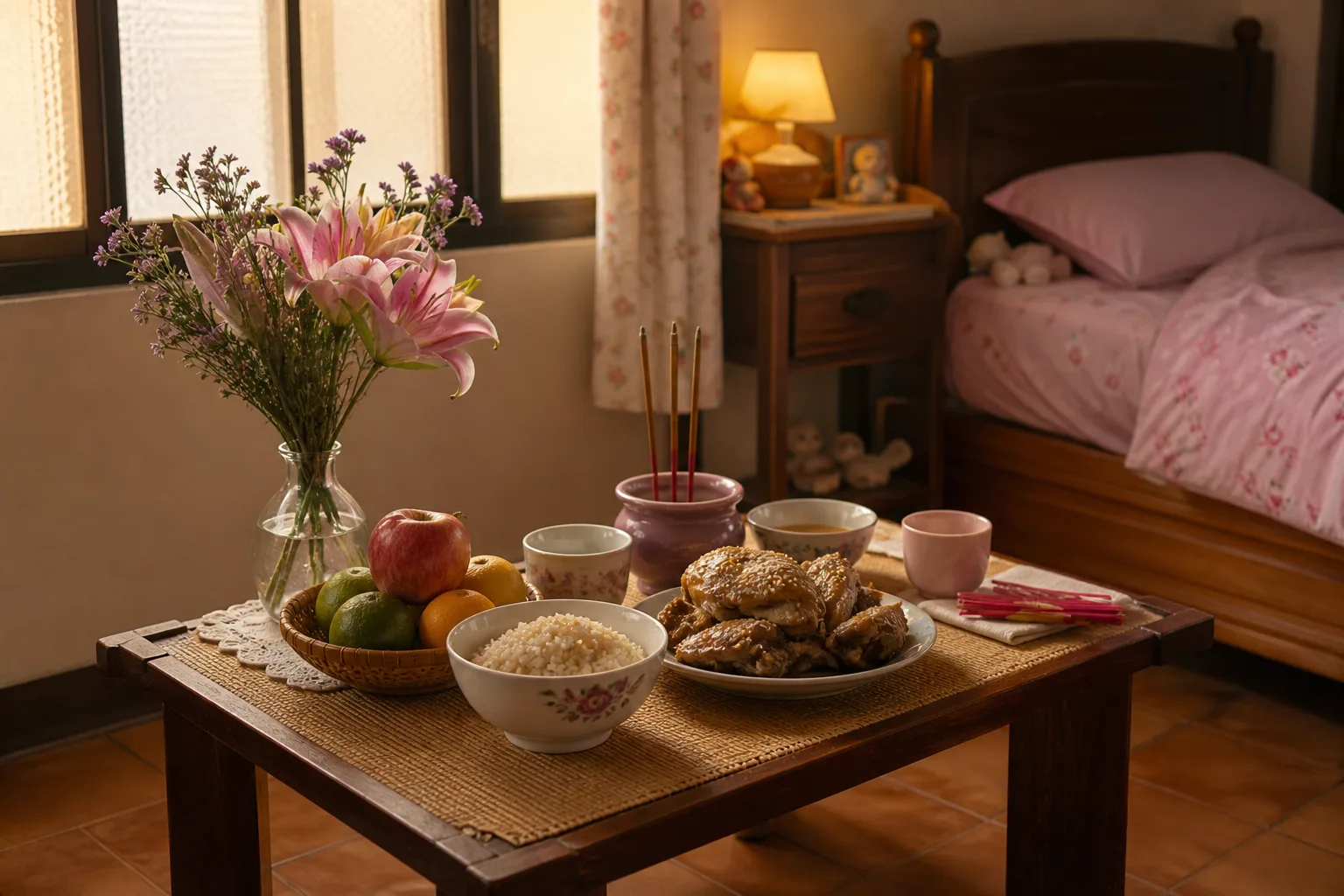 兒童房床邊擺放油飯、水果、鮮花與香爐的七夕祭桌示意圖