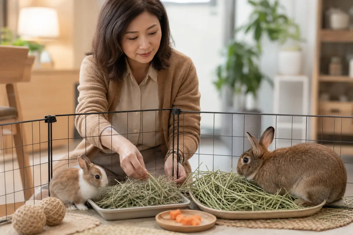 一隻兔子在安靜室內靠近乾草與外出籠，飼主準備聯絡動物醫院的照護情境