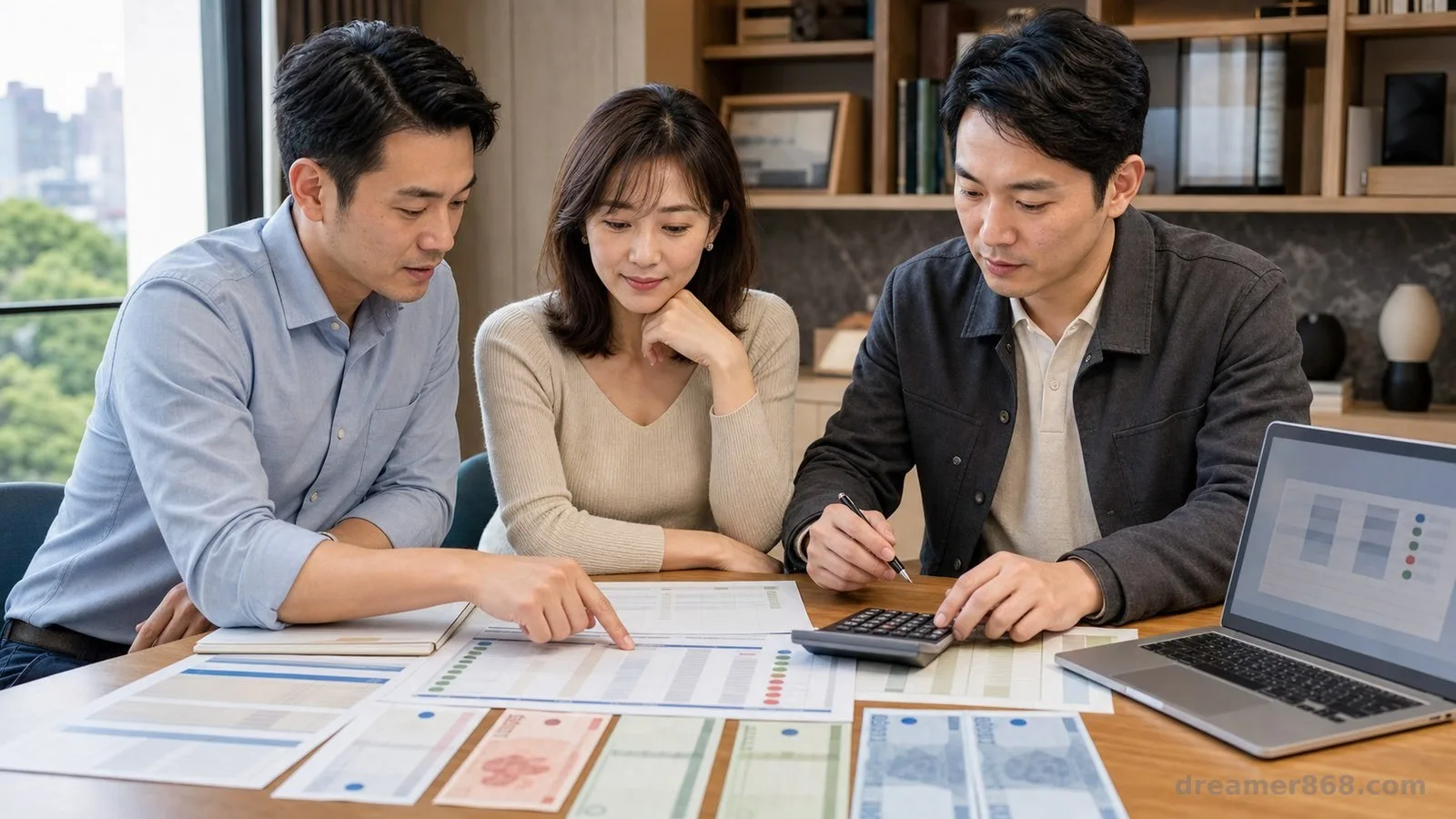 臺灣家庭與中小企業主在桌前檢視人民幣存款、中國債券及多幣別現金流資料。