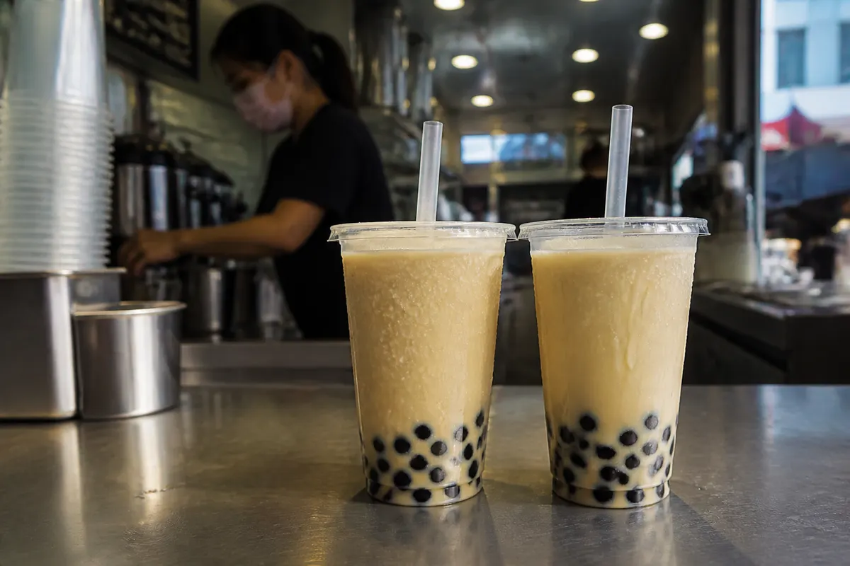 手搖飲料店櫃檯排滿封膜的珍珠奶茶與含糖飲料