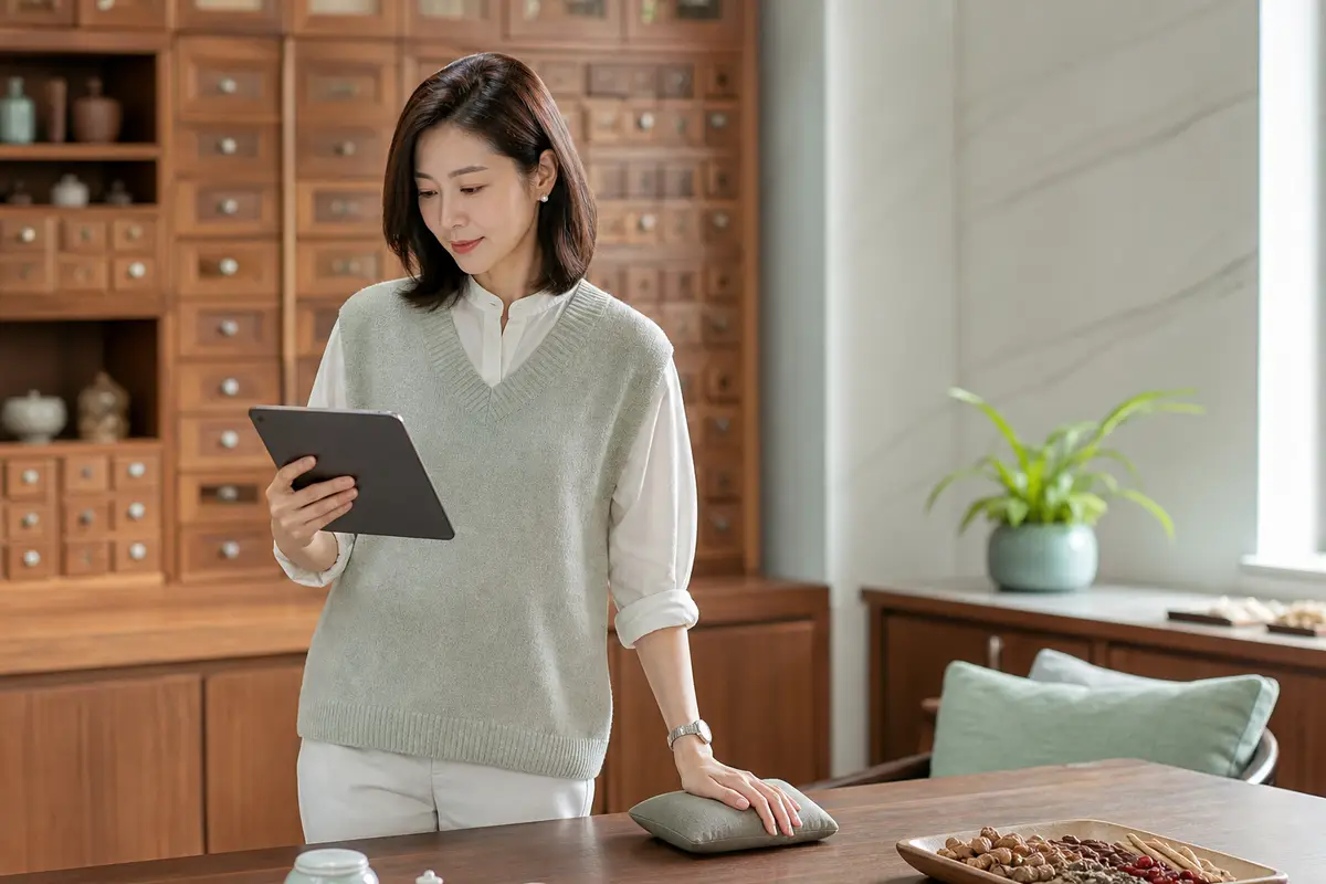 中醫師在診間運用數位設備輔助問診，象徵中醫 AI 導入臨床的信任議題