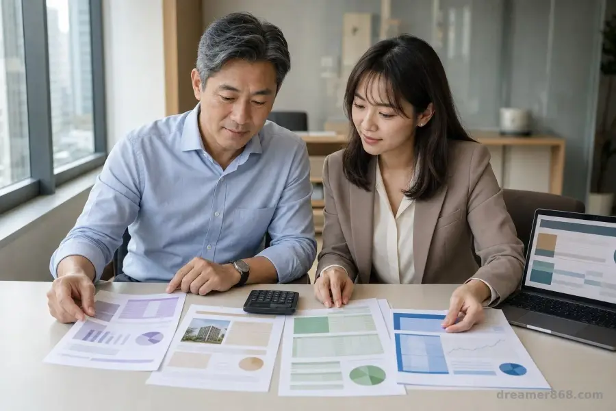 兩名臺灣家庭企業主在辦公桌前檢視越南基金報表、房產文件、銀行融資資料與匯率曝險表。