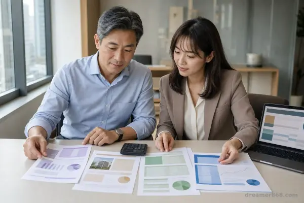 兩名臺灣家庭企業主在辦公桌前檢視越南基金報表、房產文件、銀行融資資料與匯率曝險表。