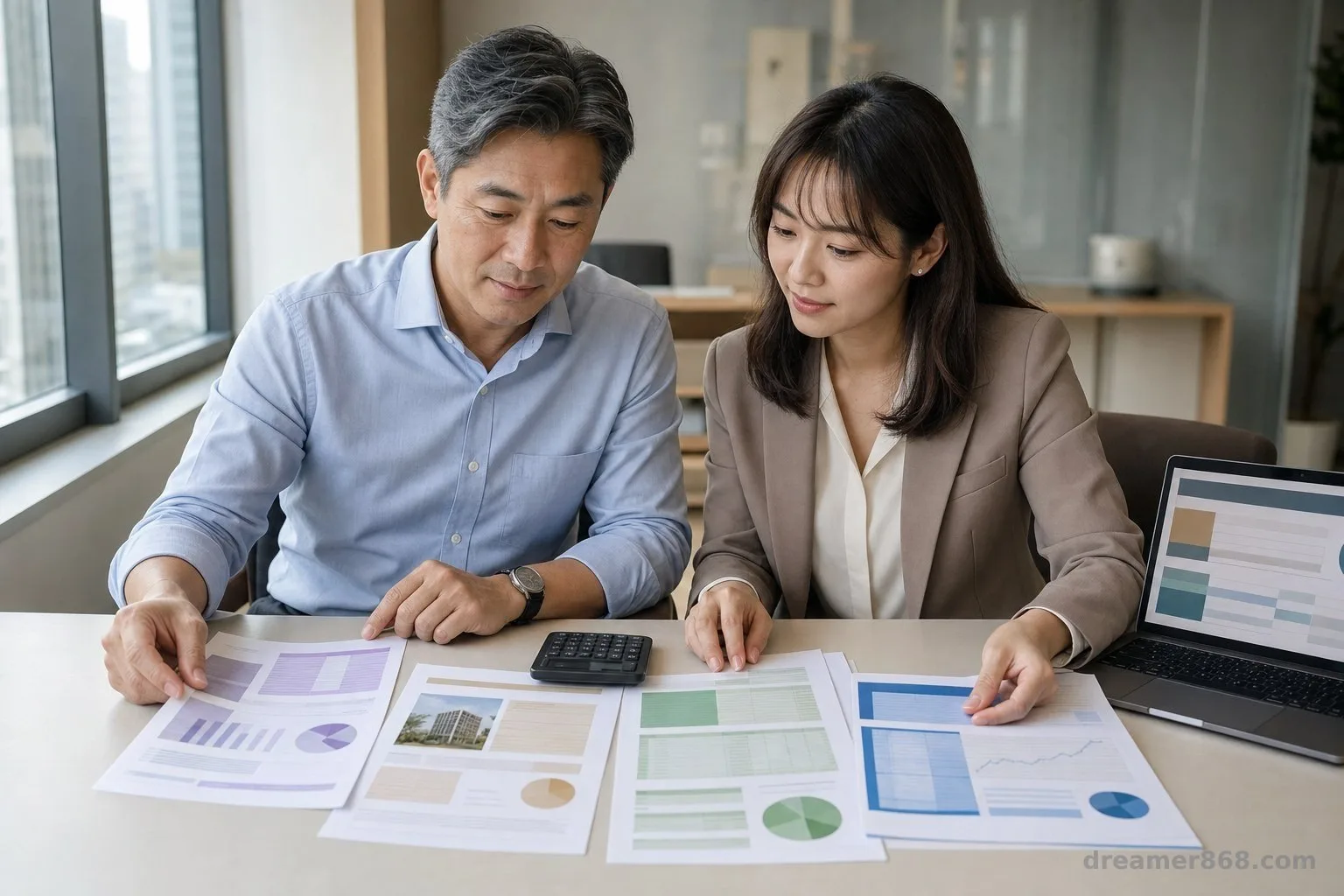 兩名臺灣家庭企業主在辦公桌前檢視越南基金報表、房產文件、銀行融資資料與匯率曝險表。