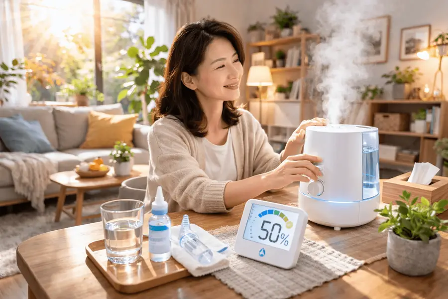 秋天乾燥氣候下，女性用雙手捂住喉嚨，感受乾咳不適