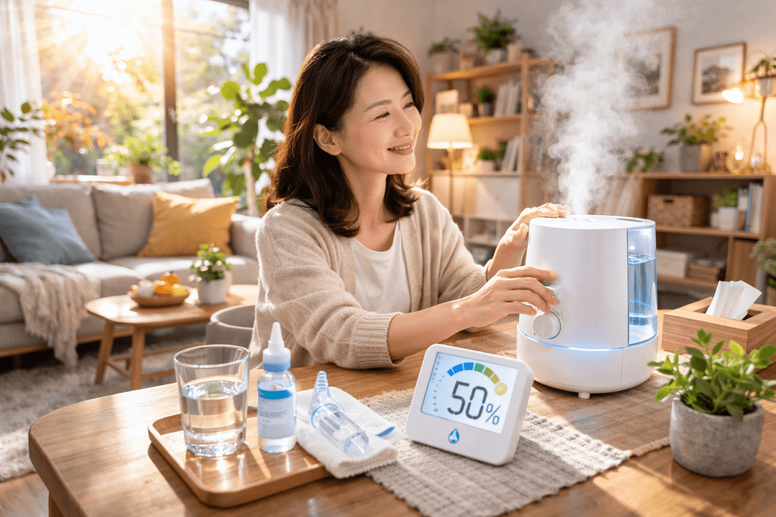 秋天乾燥氣候下，女性用雙手捂住喉嚨，感受乾咳不適
