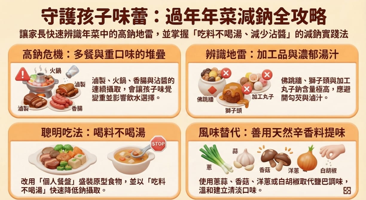 年夜飯餐桌上擺滿湯品與醬料，孩子在旁享用高鈉節慶料理