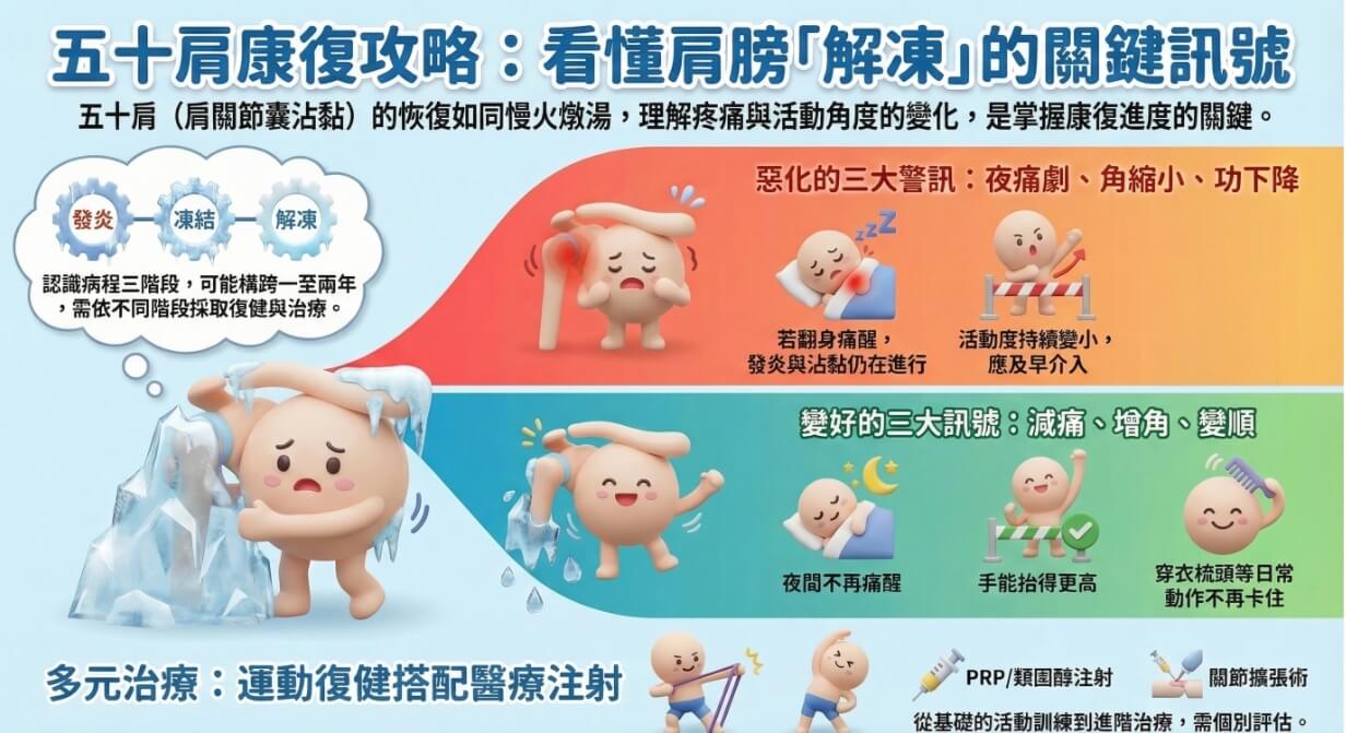 肩膀活動受限的示意圖，呈現五十肩的典型症狀