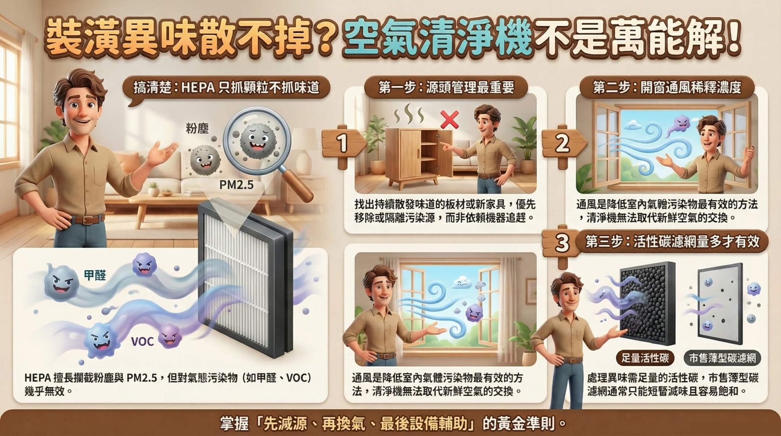 空氣清淨機旁擺放裝潢材料，象徵居家 VOC 氣態污染與過濾需求
