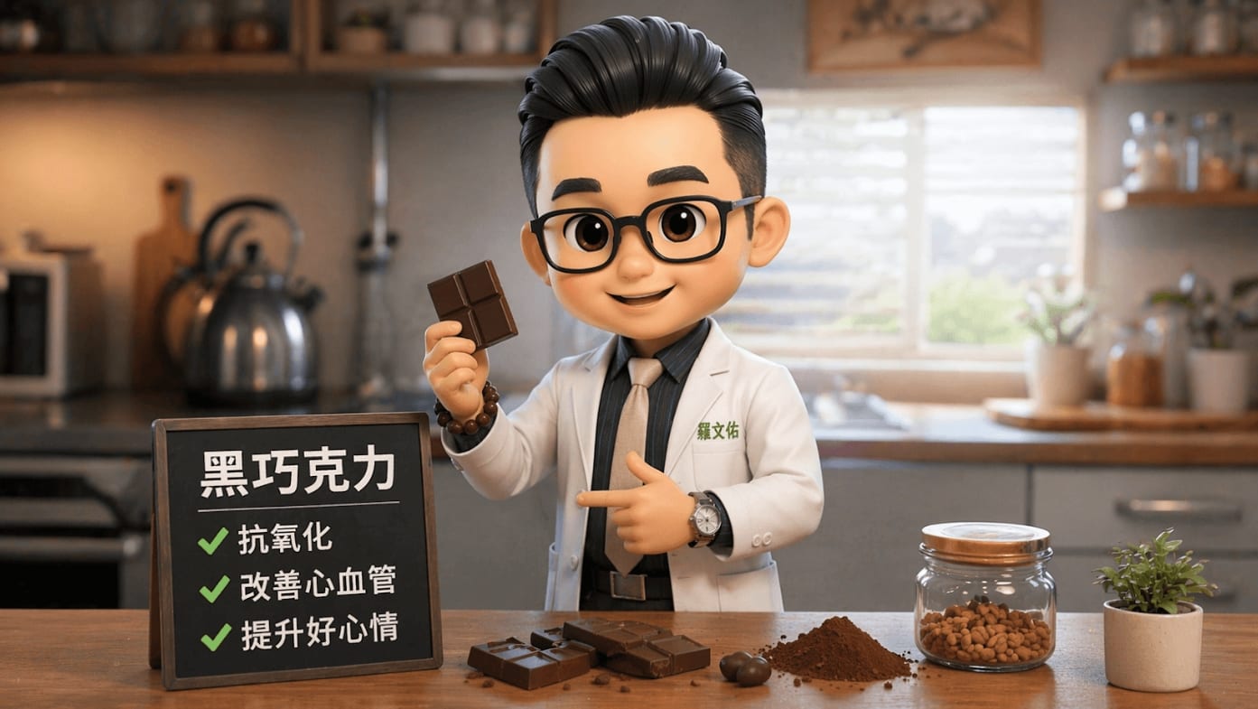 可可豆與黑巧克力片，旁邊標示黃烷醇對心血管健康的潛在益處