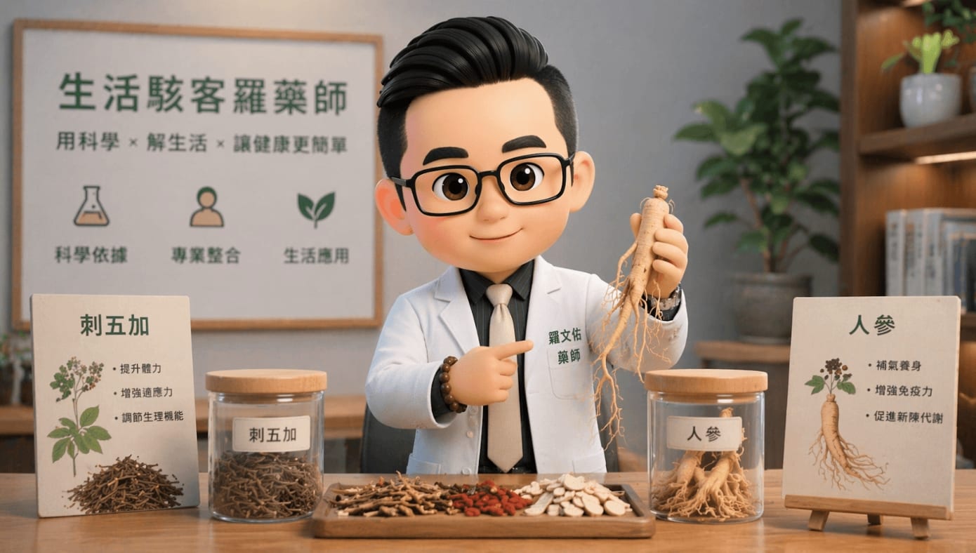 刺五加根莖與人參並排比較，呈現兩者外觀差異與傳統草藥用途