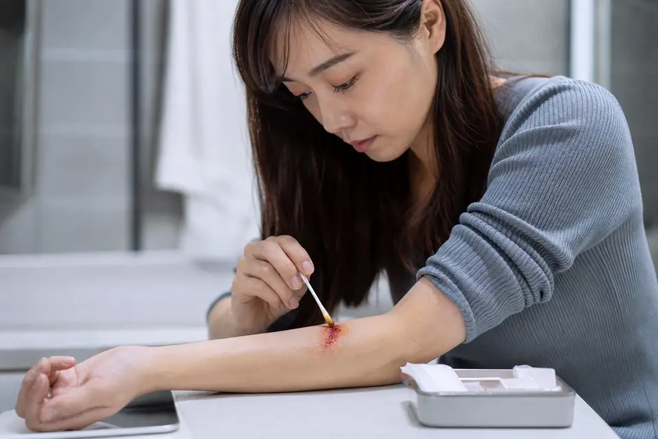 優碘棉棒準備塗抹在手部擦傷傷口（示意圖）
