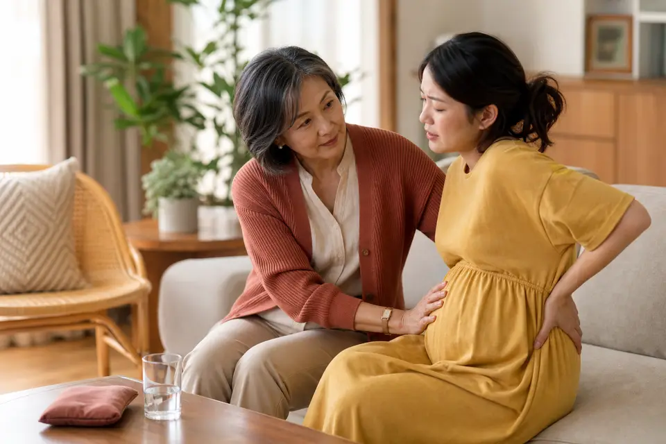 家人在家中陪伴照顧背痛的孕婦（示意圖）