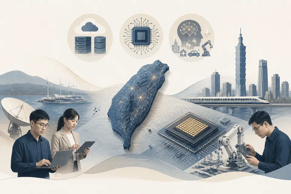 台灣城市、電力與科技產業的複合情境圖，象徵人工智慧基礎建設與公共資源的連結